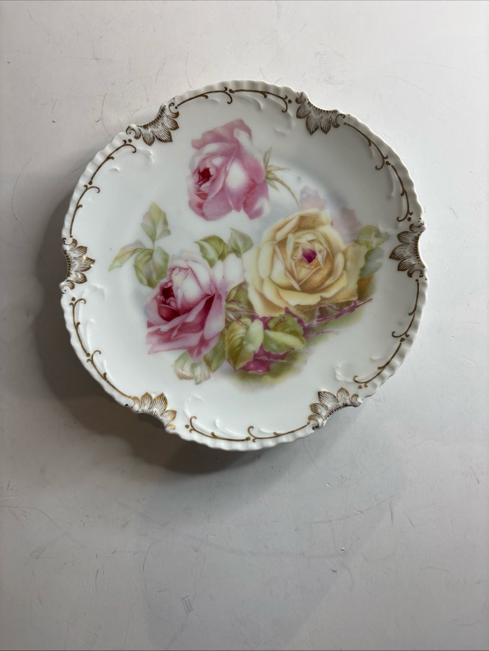Vintage Hand-painted Bavarian Pink and Yellow Rose Dessert Plate 7”Marseille